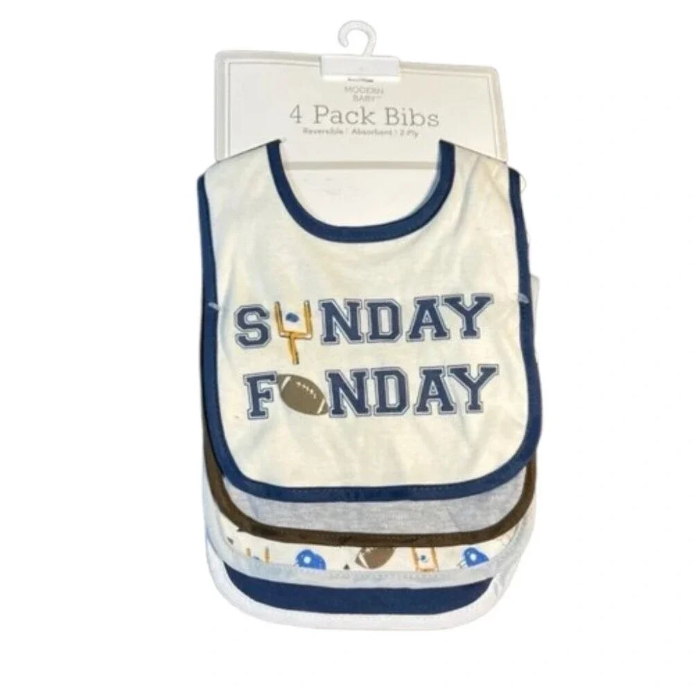 Modern Baby 4 Pack Reversible Football Bibs Sunday Funday Blue White Grey NEW